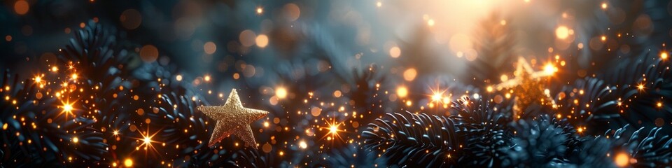 Garland of fir and golden stars at night with lights - obrazy, fototapety, plakaty