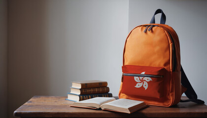 Back to school and happy time! Pile of books and backpack with Hong kong flag on the desk at the elementary school.