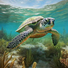 Fototapeta premium World Seagrass Day | Underwater Photography | Turtle Eating Sea Grass | Sea Turtles