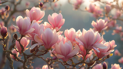 A breathtaking display of blooming magnolia trees, their fragrant blooms perfuming the air with...