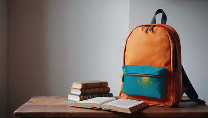 Back to school and happy time! Pile of books and backpack with Kazakhstan flag on the desk at the elementary school.