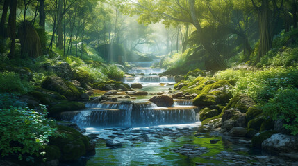 A captivating depiction of World Water Day, with crystal-clear streams flowing through a lush forest, highlighting the importance of clean water and sustainable ecosystems. - obrazy, fototapety, plakaty