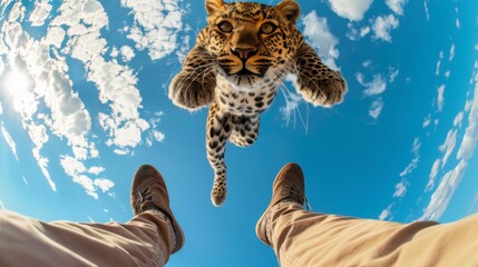 Obraz premium A leopard attacks a man. An animal jumps on a person against the sky. First person view with human legs