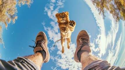 A lion attacks a man. An animal jumps on a person against the sky. First person view with human legs