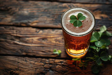 Obraz na płótnie Canvas overhead view of a pint of beer with a lucky irish clover. St Patrick's day drink