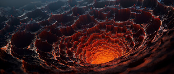 Hellish claustrophobic underground cave tunnel hole with jagged rock walls leading to a glowing orange pit of fire.