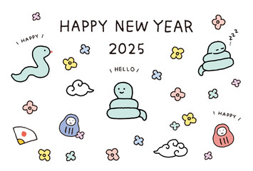 2025年　年賀状　かわいいキャラクターの蛇のイラストレーション