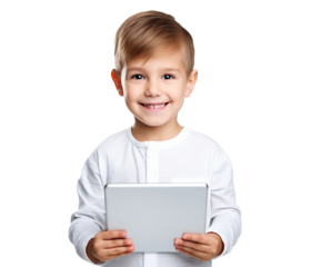 Smiling smart young boy holding a tablet, cut out