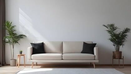 Minimal Scandinavian contemporary sofa with sunlight. Simplistic Home, plants.