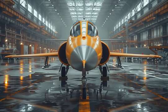 An aircraft is stored in an aerospace manufacturers hangar, made of composite materials and engineered for fluid aerodynamics