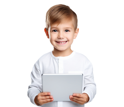 Smiling smart young boy holding a tablet, cut out