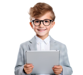 Smiling smart young boy holding a tablet, cut out