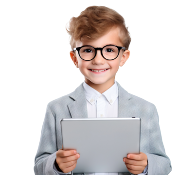 Smiling smart young boy holding a tablet, cut out