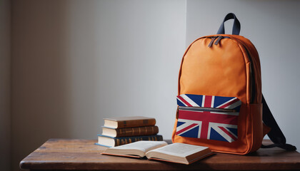 Back to school and happy time! Pile of books and backpack with United Kingdom flag on the desk at the elementary school. - obrazy, fototapety, plakaty
