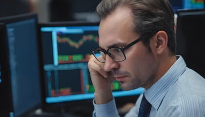 Stock exchange broker working in office. looking at computer screen. financial professional.