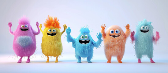 Obraz premium colorful fluffy and cute monsters that dance and wave. in the style of cartoon characters in 3D rendering. Each monster has bright colors. Isolated on a white background, for projects, promotion