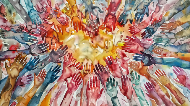 a heart made of people's hands, in the style of colorful waterco