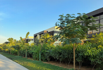 beautiful street with modern residential buildings, town houses on a summer day