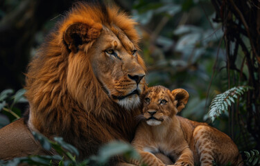 Lion and lion cub in the forest