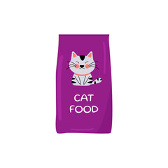 Purple cat food packaging with a cute kitten on it. Flat pack of pet food. Concept for pet products, veterinary clinic. Vector in flat style, eps 10, isolated on a white background.