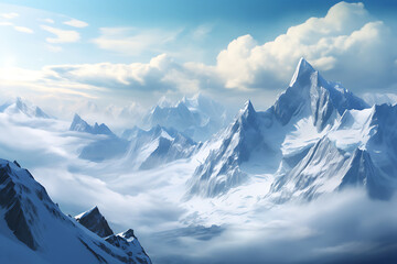 Beautiful mountain landscape with snow and clear blue sky.
