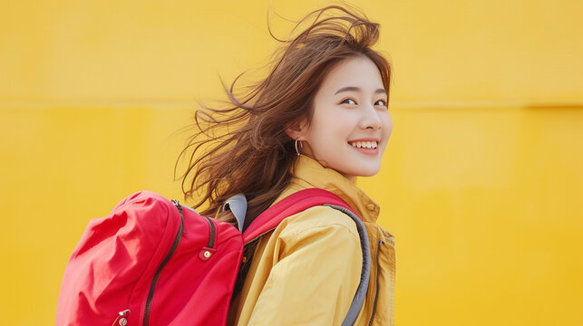 A cheerful girl with a red backpack and playful brown hair, captured in a lively yellow studio setting.