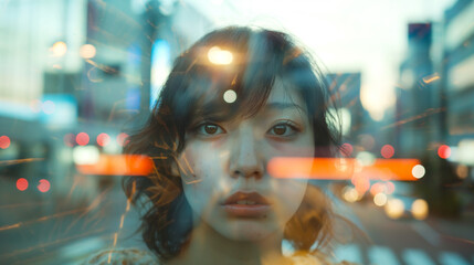 A woman is seen through a window with reflections of city lights creating a double exposure effect.
