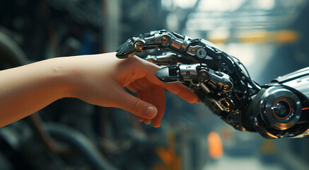 Technology cooperation between humans and robots in industrial factory background.