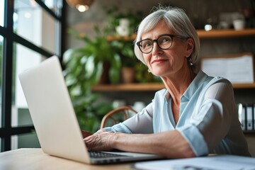 Smiling mature middle aged businesswoman using laptop working on sitting at desk. Happy old businesswoman hr holding cv interviewing distance applicant, senior seeker searching job, Generative AI - obrazy, fototapety, plakaty