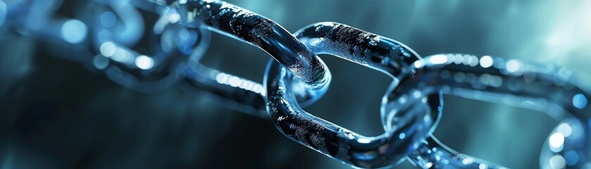 A macro shot of robust steel chain links, enhanced by a blue-toned light, symbolizing strength and connection. - obrazy, fototapety, plakaty