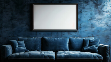 Modern Room Mockup: Blank Frame Inspiration Next to a Chic Blue Sofa - Personalize Your Style