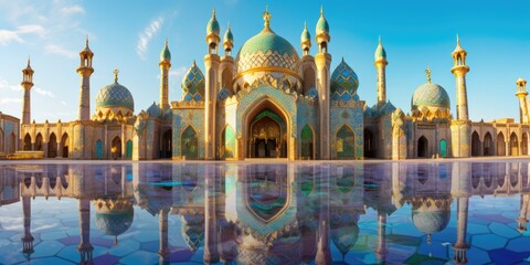 Elevate the Aesthetics of a Modern Mosque with a Beautiful Pool - obrazy, fototapety, plakaty