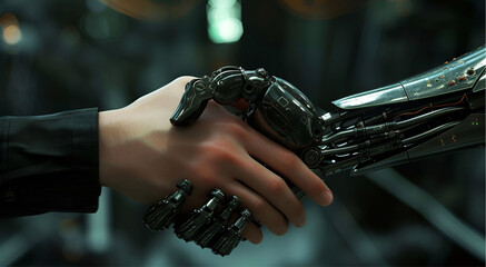 Technology cooperation between humans and robots in industrial factory background.