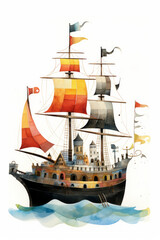 Pirate ships and sail in watercolor style on white background Created with Generative AI technology.