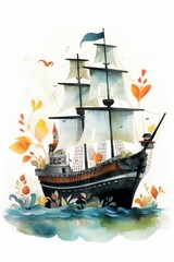 Pirate ships and sail in watercolor style on white background Created with Generative AI technology.