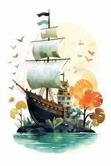 Pirate ships and sail in watercolor style on white background Created with Generative AI technology.
