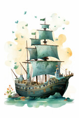 Pirate ships and sail in watercolor style on white background Created with Generative AI technology.