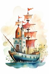 Pirate ships and sail in watercolor style on white background Created with Generative AI technology.