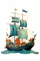 Pirate ships and sail in watercolor style on white background Created with Generative AI technology.
