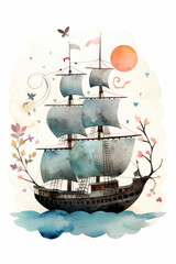 Pirate ships and sail in watercolor style on white background Created with Generative AI technology.