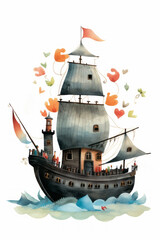 Pirate ships and sail in watercolor style on white background Created with Generative AI technology.