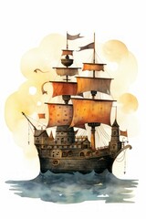 Pirate ships and sail in watercolor style on white background Created with Generative AI technology.
