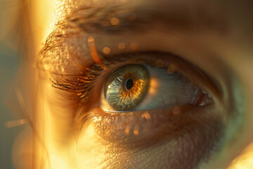 photograph of a person born under the zodiac sign Leo, in good lighting, iridescent colors of golden light, light gray, light orange and light green, play of light and shadows Concept of astrologers.