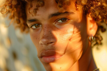 photograph of a person born under the zodiac sign Leo, in good lighting, iridescent colors of golden light, light gray, light orange and light green, play of light and shadows Concept of astrologers.