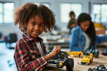 Happy African American junior school kid holding robotic car looking at camera at STEM class. Smiling black child preteen girl posing with robot vehicle. Portrait. Engineering and coding,Generative AI