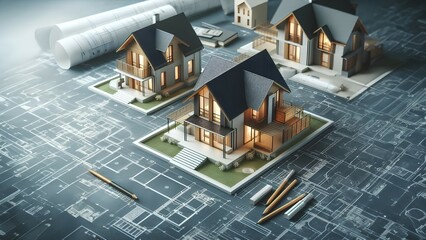 House model with blueprints and tools on table. 3d rendering - obrazy, fototapety, plakaty