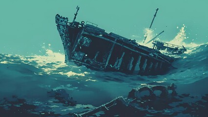 The iron skeleton of a cargo ship now a permanent resident of the ocean floor after succumbing to the weight of lost containers during a violent storm.