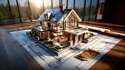 3d rendering of a modern house on a construction site with blueprints