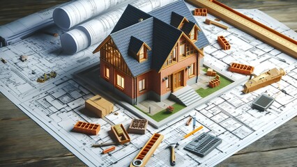 House model with blueprints and construction tools on table, closeup