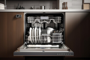Open dishwasher with clean dishes in it. 3d rendering.